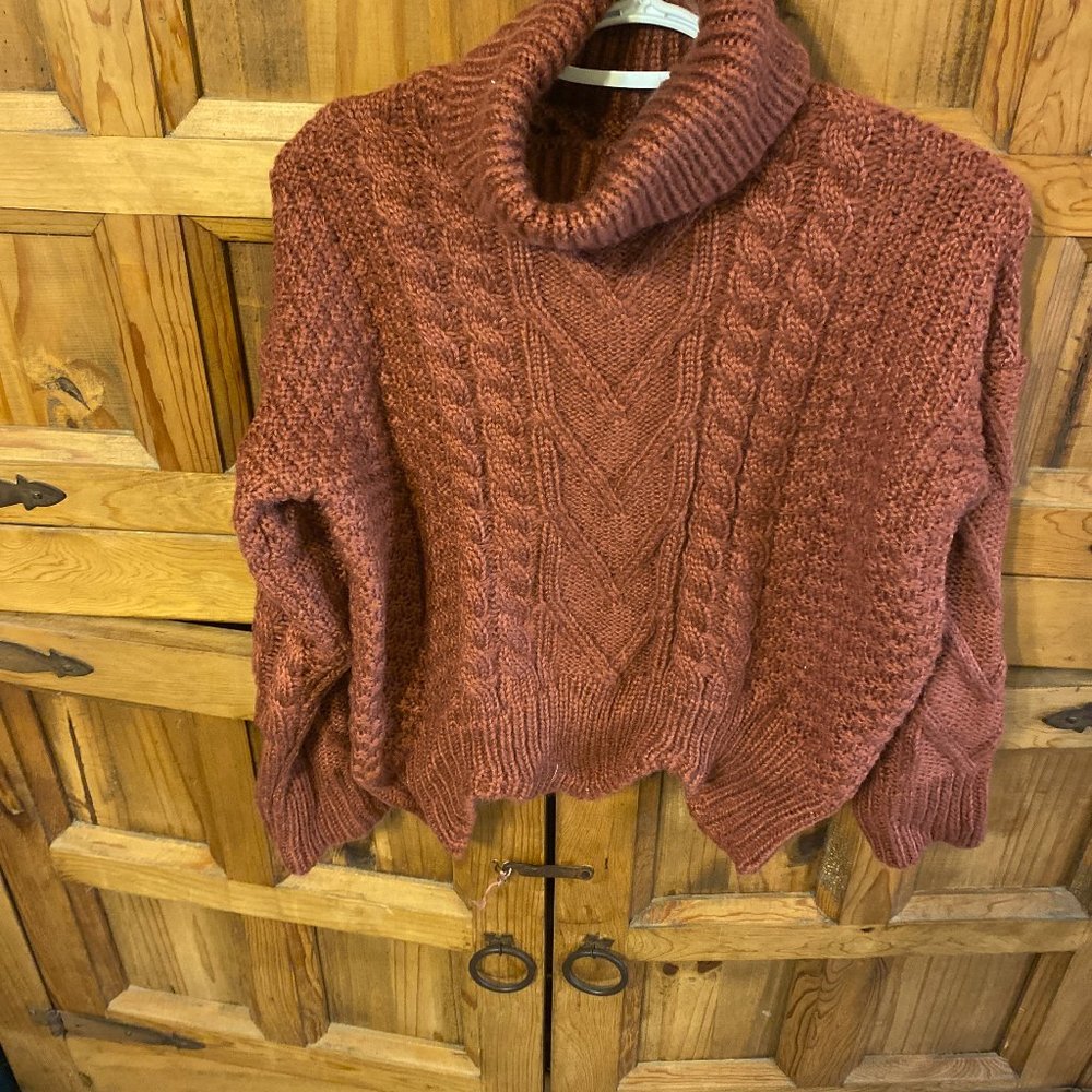 Turtleneck Drop Shoulder Cable Knit Sweater, one size fits all